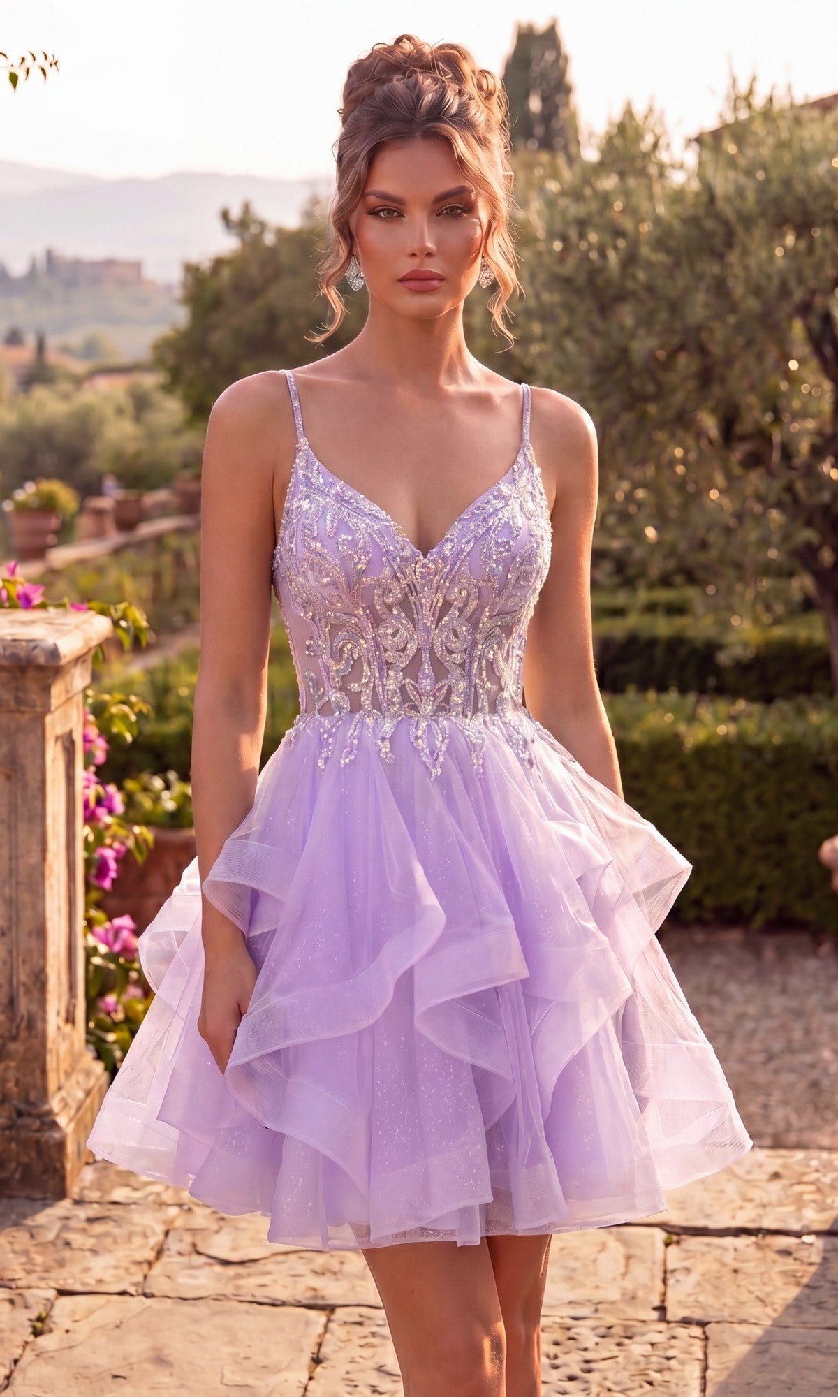 A woman stands outdoors in a garden, wearing the Chicas DM8031 short homecoming dress in lilac, featuring a fit-and-flare silhouette with spaghetti straps and a fitted, sequin bodice.